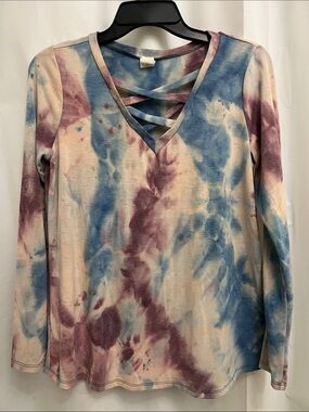 Sew In Love Tie-Dye Crisscross V-Neck Long Sleeve Top - Blue & Mauve